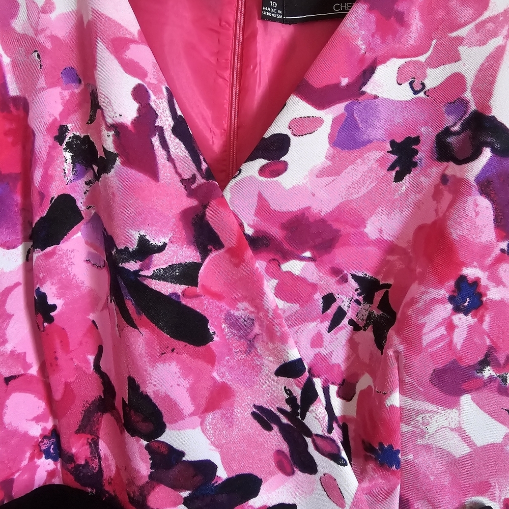 Chetta B‎ Pink Black Floral KneeLength Pleated Midi Dress Y2K Barbiecore Size 10 - Picture 10 of 13